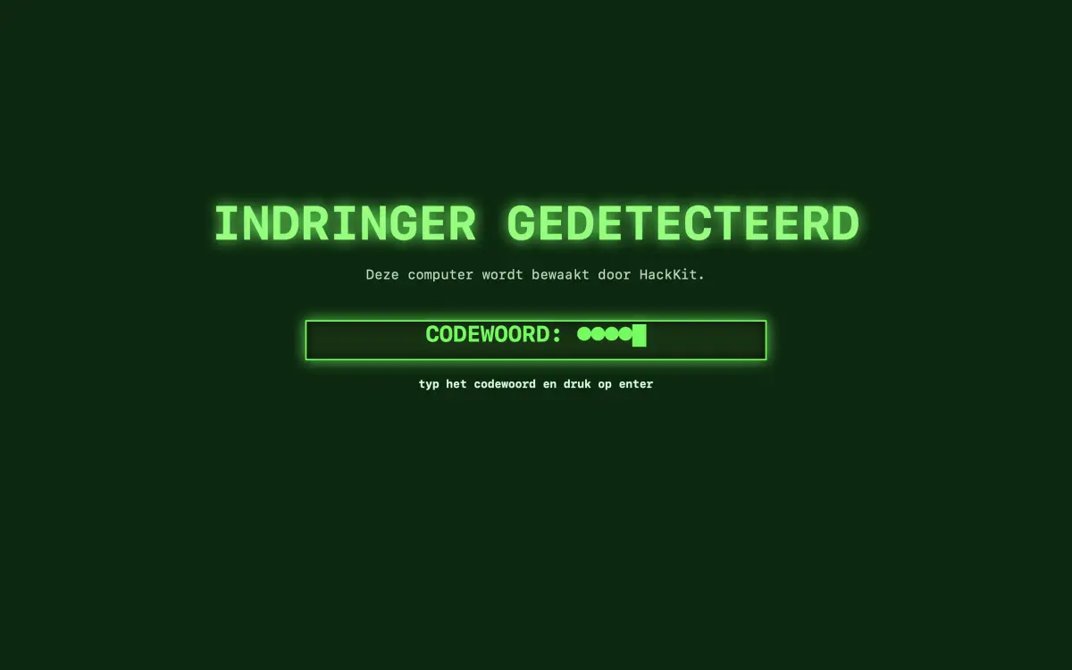Een groen gloeiend scherm met de tekst Indringer gedetecteerd en een vak voor het codewoord