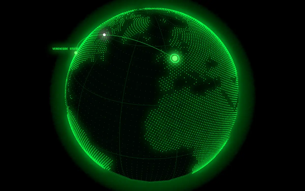 Een groene wereldbol van puntjes met een boog van Nederland naar een ander land