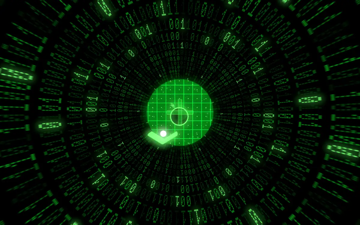 Het spel Firewall Run: een schip vliegt door een groene tunnel op een muur af