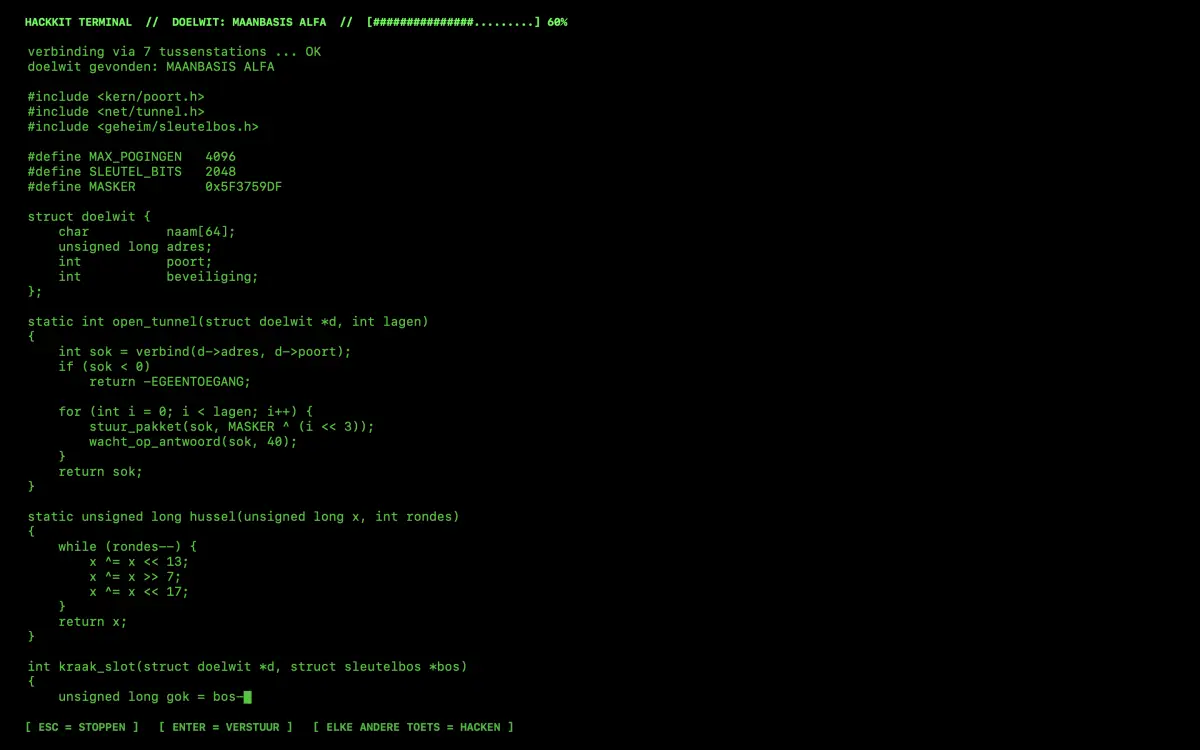 Een zwart scherm met groene programmeercode en bovenaan een voortgangsbalk