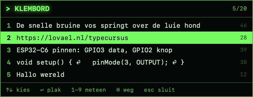 Een lijstje met vijf gekopieerde teksten, de tweede is gekozen
