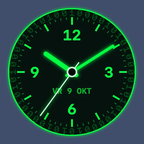 Een ronde groene wijzerklok met de datum erin